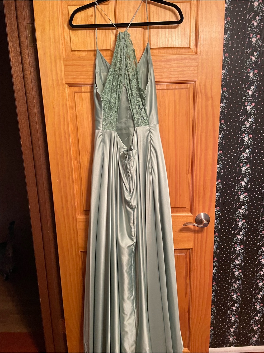 Darling Sage Green Satin Backless Maxi Dress with Lace Halter